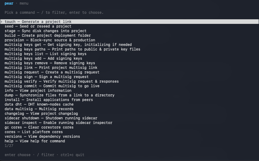 The interactive menu's command list, filtered to "seed"